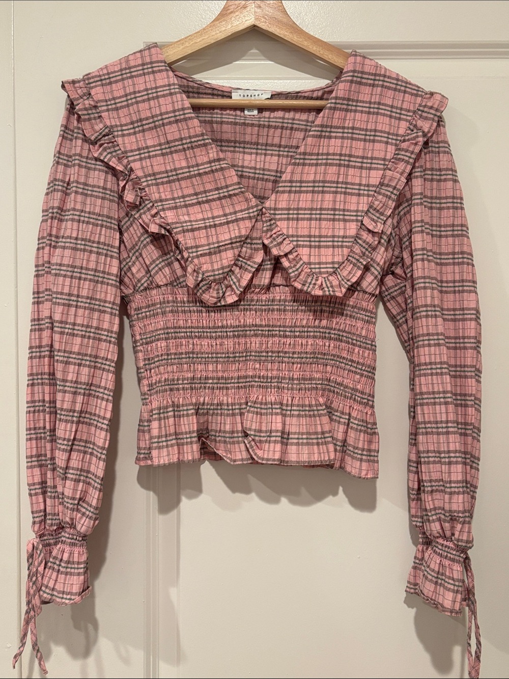 Topshop Pink Plaid Ruffle-Sailor Smocked Peplum Blouse